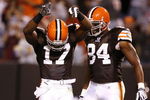 CLEVELAND - AUGUST 29:  Braylon Edwards #17 of the Cleveland Browns celebrates after scoring a touchdown with Robert Royal #84 against the Tennessee Titans at Cleveland Browns Stadium on August 29, 2009 in Cleveland, Ohio.  (Photo by Matt Sullivan/Getty Images)