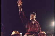 1 Jan 1996:  Head coach Bobby Bowden of the Florida State Seminoles is carried triumphantly off the field by nose guard Andre Wadsworth #8 and tackle Orpheus Roy after defeating the Notre Dame Fighting Irish in the Orange Bowl in Miami, Florida 31-26.  Ma