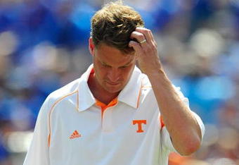 GAINESVILLE, FL - SEPTEMBER 19:  Head coach Lane Kiffin of the Tennessee Volunteers watches the action prior to the game against the Florida Gators at Ben Hill Griffin Stadium on September 19, 2009 in Gainesville, Florida.  (Photo by Sam Greenwood/Getty Images)