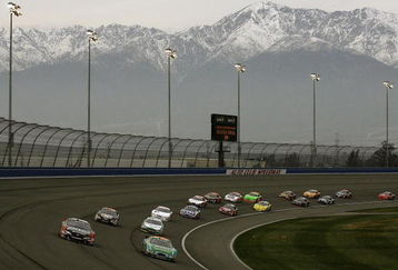 FONTANA, CA - FEBRUARY 21:  Carl Edwards, driver of the #60 Scotts Ford, and Kyle Busch, driver of the #18 Z-Line Designs Toyota lead the field during the NASCAR Nationwide Series Stater Bros. 300 at Auto Club Speedway on February 21, 2009 in Fontana, California.  (Photo by Jason Smith/Getty Images for NASCAR)