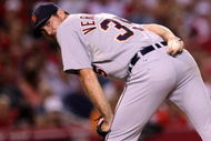 ANAHEIM, CA - AUGUST 24:  Pitcher Justin Verlander #35 of the Detroit Tigers looks at a runner on first against the Los Angeles Angels of Anaheim on August 24, 2009 at Angel Stadium in Anaheim, California.  (Photo by Stephen Dunn/Getty Images)