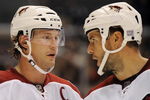 LOS ANGELES, CA - OCTOBER 03:  Shane Doan #19 and Adrian Aucoin #33 of the Phoenix Coyotes discuss a play against the Los Angeles Kings during thee game at the Staples Center on October 3, 2009 in Los Angeles, California.  (Photo by Harry How/Getty Images)