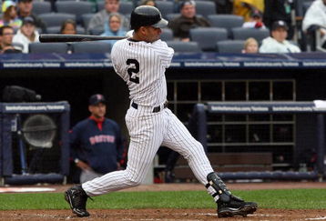 NEW YORK - SEPTEMBER 27:  Derek Jeter #2 of the New York Yankees follows through on a first inning single against the Boston Red Sox on September 27, 2009 at Yankee Stadium in the Bronx borough of New York City.  (Photo by Jim McIsaac/Getty Images)