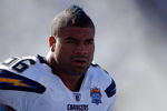 SAN DIEGO - SEPTEMBER 20:  Shawne Merriman #56 of the San Diego Chargers looks on during the game against the Baltimore Ravens at Qualcomm Stadium on September 20, 2009 in San Diego, California. The Ravens defeated the Chargers 31-26.  (Photo by Jeff Gross/Getty Images)