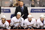 GLENDALE, AZ - APRIL 11:  Head coach Randy Carlyle of the Anaheim Ducks reacts to his team during the NHL game against the Phoenix Coyotes at Jobing.com Arena on April 11, 2009 in Glendale, Arizona.  (Photo by Christian Petersen/Getty Images)