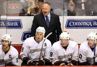 GLENDALE, AZ - APRIL 11:  Head coach Randy Carlyle of the Anaheim Ducks reacts to his team during the NHL game against the Phoenix Coyotes at Jobing.com Arena on April 11, 2009 in Glendale, Arizona.  (Photo by Christian Petersen/Getty Images)