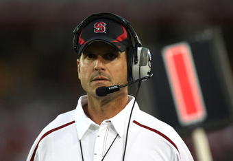PALO ALTO, CA - SEPTEMBER 26: Head coach Jim Harbaugh of the Stanford Cardinal looks on against the Washington Huskies at Stanford Stadium on September 26, 2009 in Palo Alto, California. (Photo by Jed Jacobsohn/Getty Images)