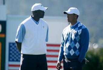 SAN FRANCISCO - OCTOBER 07:  USA Team assistant Michael Jordan chats with Tiger Woods during a practice round prior to the start of The Presidents Cup at Harding Park Golf Course on October 7, 2009 in San Francisco, California.  (Photo by Scott Halleran/Getty Images)