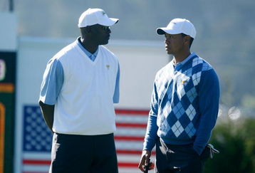 SAN FRANCISCO - OCTOBER 07:  USA Team assistant Michael Jordan chats with Tiger Woods during a practice round prior to the start of The Presidents Cup at Harding Park Golf Course on October 7, 2009 in San Francisco, California.  (Photo by Scott Halleran/Getty Images)