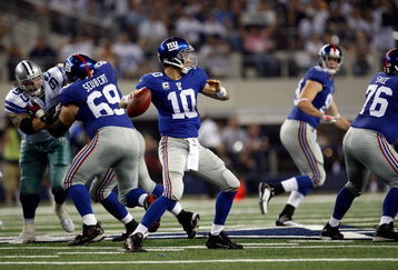 ARLINGTON, TX - SEPTEMBER 20:  Quarterback Eli Manning #10 of the New York Giants during play against the Dallas Cowboys at Cowboys Stadium on September 20, 2009 in Arlington, Texas.  (Photo by Ronald Martinez/Getty Images)