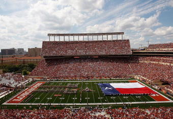AUSTIN, TX - SEPTEMBER 26:  A Texas flag on the field before a game between the UTEP Miners and the Texas Longhorns at Darrell K Royal-Texas Memorial Stadium on September 26, 2009 in Austin, Texas.  (Photo by Ronald Martinez/Getty Images)