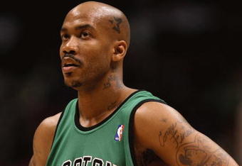 EAST RUTHERFORD, NJ - MARCH 04:  Stephon Marbury #8 of Boston Celtics looks on against the New Jersey Nets during their game on March 4th, 2009 at The Izod Center in East Rutherford, New Jersey.  NOTE TO USER: User expressly acknowledges and agrees that, by downloading and/or using this Photograph, user is consenting to the terms and conditions of the Getty Images License Agreement. Photo By Al Bello/Getty Images  (Photo by Al Bello/Getty Images)