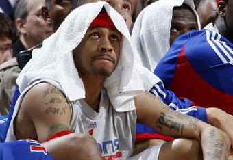 CLEVELAND - FEBRUARY 22: Allen Iverson #1 of the Detroit Pistons looks on from the bench during a loss to the Cleveland Cavaliers on February 22, 2009 at the Quicken Loans Arena in Cleveland, Ohio. Cleveland won the game 99-78. NOTE TO USER: User expressly acknowledges and agrees that, by downloading and or using this photograph, User is consenting to the terms and conditions of the Getty Images License Agreement.  (Photo by Gregory Shamus/Getty Images)