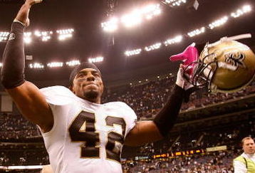 NEW ORLEANS - OCTOBER 04:  Darren Sharper #42 of the New Orleans Saints celebrates after defeating the New York Jets 24-10 at the Louisana Superdome on October 4, 2009 in New Orleans, Louisiana.  (Photo by Chris Graythen/Getty Images)