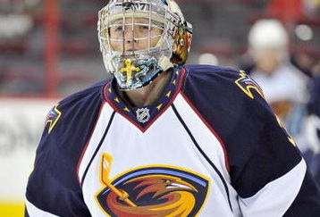 RALEIGH, NC - SEPTEMBER 25: Goalie Drew MacIntyre #30 of the Atlanta Thrashers skates before the NHL preseason game against the Carolina Hurricanes at the RBC Center on September 25, 2009 in Raleigh, North Carolina. The Hurricanes won 4-3. (Photo by Grant Halverson/Getty Images)