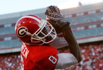 ATHENS, GA - OCTOBER 03: A.J. Green #8 of the Georgia Bulldogs pulls in this touchdown reception against Chris Hawkins #29 of the Louisiana State University Tigers at Sanford Stadium on October 3, 2009 in Athens, Georgia. (Photo by Kevin C. Cox/Getty Images)