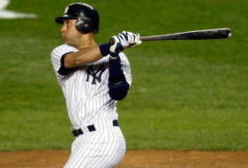 NEW YORK - OCTOBER 07:  Derek Jeter #2 of the New York Yankees hits a two run home run in the third inning against the Minnesota Twins in Game One of the ALDS during the 2009 MLB Playoffs at Yankee Stadium on October 7, 2009 in the Bronx borough of New York City.  (Photo by Jared Wickerham/Getty Images)