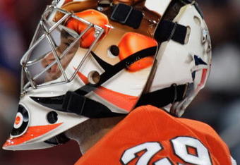 NEWARK, NJ - SEPTEMBER 26:  Goaltender Ray Emery #29 of the Philadelphia Flyers waits during a timeout in the game against the New Jersey Devils  on September 26, 2009 at the Prudential Center in Newark, New Jersey.  (Photo by Paul Bereswill/Getty Images)