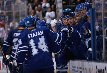 TORONTO - MARCH 25:  Matt Stajan #14 of the Toronto Maple Leafs skates to the bench during the game against the Boston Bruins during the game at Air Canada Centre on March 25, 2008 in Toronto, Ontario. (Photo by Dave Sandford/Getty Images)