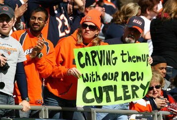 CHICAGO - OCTOBER 04: Fans of the Chicago Bears hold a sign referring to quaterback Jay Cutler #6 during a game against the Detroit Lions on October 4, 2009 at Soldier Field in Chicago, Illinois. The Bears defeated the Lions 48-24. (Photo by Jonathan Daniel/Getty Images)