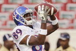 TAMPA, FL - SEPTEMBER 12: Wide receiver Tertavian Ingram #89 of the Kansas University Jayhawks grabs a warmup pass before play against the University of South Florida Bulls at Raymond James Stadium on September 12, 2008 in Tampa, Florida.  (Photo by Al Messerschmidt/Getty Images) 