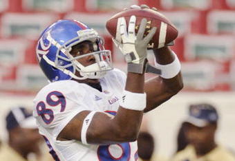 TAMPA, FL - SEPTEMBER 12: Wide receiver Tertavian Ingram #89 of the Kansas University Jayhawks grabs a warmup pass before play against the University of South Florida Bulls at Raymond James Stadium on September 12, 2008 in Tampa, Florida.  (Photo by Al Messerschmidt/Getty Images) 