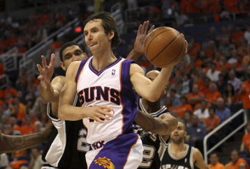 PHOENIX - APRIL 25:  Steve Nash #13 of the Phoenix Suns is defended by Tim Duncan #21 of the San Antonio Spurs during Game Three of the Western Conference Quarterfinals during the 2008 at NBA Playoffs at the at U.S. Airways Center on April 25, 2008.  (Photo by Jed Jacobsohn/Getty Images)