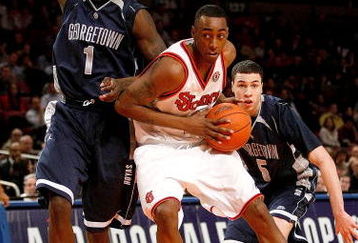 NEW YORK - JANUARY 30: Anthony Mason, Jr. #2 of the St John's Red Storm drives against Vernon Macklin #1 of the Georgetown Hoyas at Madison Square Garden on January 30, 2008 in New York City.  (Photo by Nick Laham/Getty Images)