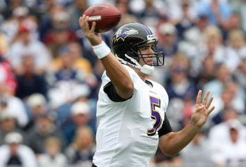 FOXBORO, MA - OCTOBER 04:  Joe Flacco #5 of the Baltimore Ravens passes the ball in the first quarter against the New England Patriots on October 4, 2009 at Gillette Stadium in Foxboro, Massachusetts.  (Photo by Elsa/Getty Images)