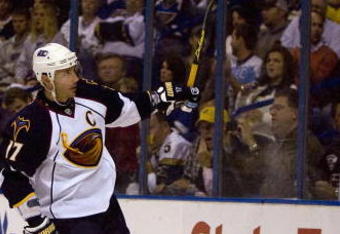 ST. LOUIS, MO - OCTOBER 8: Ilya Kovalchuk #17 of the Atlanta Thrashers celebrates his goal against the St. Louis Blues at the Scottrade Center on October 8, 2009 in St. Louis, Missouri.  (Photo by Dilip Vishwanat/Getty Images)