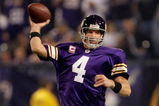 MINNEAPOLIS - OCTOBER 05:  Quarterback Brett Favre #4 of the Minnesota Vikings passes during the game against the Green Bay Packers on October 5, 2009 at Hubert H. Humphrey Metrodome in Minneapolis, Minnesota.  (Photo by Jamie Squire/Getty Images)