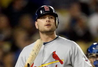 LOS ANGELES, CA - OCTOBER 07:  Matt Holliday #15 of the St. Louis Cardinals reacts after striking out in the seventh inning of Game One of the NLDS during the 2009 MLB Playoffs against the Los Angeles Dodgers at Dodger Stadium on October 7, 2009 in Los Angeles, California.  (Photo by Jeff Gross/Getty Images)