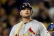 LOS ANGELES, CA - OCTOBER 07:  Matt Holliday #15 of the St. Louis Cardinals reacts after striking out in the seventh inning of Game One of the NLDS during the 2009 MLB Playoffs against the Los Angeles Dodgers at Dodger Stadium on October 7, 2009 in Los Angeles, California.  (Photo by Jeff Gross/Getty Images)