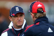 MANCHESTER, ENGLAND - AUGUST 29:  England cricketer Paul Collingwood (R) talks to coach Andy Flower during a nets session at Old Trafford on August 29, 2009 in Manchester, England.  (Photo by Julian Herbert/Getty Images)