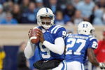 DURHAM, NC - NOVEMBER 29:  Quarterback Thaddeus Lewis #9 of the Duke Blue Devils drops back to pass the ball during the game against the North Carolina Tar Heels at Wallace Wade Stadium on November 29, 2008 in Durham, North Carolina. (Photo by Kevin C. Cox/Getty Images)