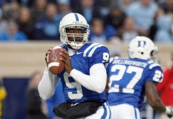 DURHAM, NC - NOVEMBER 29:  Quarterback Thaddeus Lewis #9 of the Duke Blue Devils drops back to pass the ball during the game against the North Carolina Tar Heels at Wallace Wade Stadium on November 29, 2008 in Durham, North Carolina. (Photo by Kevin C. Cox/Getty Images)