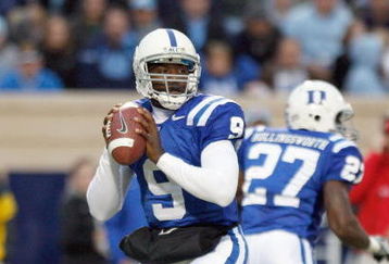 DURHAM, NC - NOVEMBER 29:  Quarterback Thaddeus Lewis #9 of the Duke Blue Devils drops back to pass the ball during the game against the North Carolina Tar Heels at Wallace Wade Stadium on November 29, 2008 in Durham, North Carolina. (Photo by Kevin C. Cox/Getty Images)
