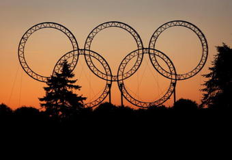 RICHMOND, BC - MARCH 10:  A set of Olympic Rings are erected outside the Vancouver Interantional Airport welcoming visitors March 10, 2009 in Richmond, Canada. The 2009 ISU World Single Distance Speed Skating Championships will be held at the Richmond Olympic Oval March 12-15, 2009. The Richmond Olympic Oval will be the site of the Long Track Speed Skating during the 2010 Vancouver Winter Olympics.  (Photo by Doug Pensinger/Getty Images)