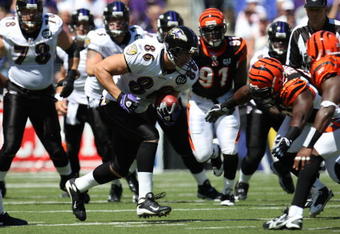 BALTIMORE - SEPTEMBER 7: Tight end Todd Heap #86 of the Baltimore Ravens runs with the ball against the Cincinnati Bengals at M&T Bank Stadium on September 7, 2008 in Baltimore, Maryland. The Ravens won 17-10. (Photo by Ned Dishman/Getty Images)