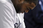 ANAHEIM, CA - OCTOBER 08: David Ortiz #34 of the Boston Red Sox drops his head during  Game One of the ALDS against  the Los Angeles Angels of Anaheim during the 2009 MLB Playoffs at Angel Stadium on October 8, 2009 in Anaheim, California.  (Photo by Kevork Djansezian/Getty Images)