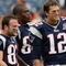 FOXBORO, MA - OCTOBER 4:  (L-R) Wes Welker #83, Benjamin Watson #84, and Tom Brady #12 of the New England Patriots, stand on the sideline before a game with the Baltimore Ravens at Gillette Stadium on October 4, 2009 in Foxboro, Massachusetts. (Photo by Jim Rogash/Getty Images)