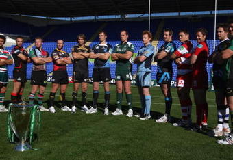 READING, ENGLAND - SEPTEMBER 29:  Players of British teams that will take part in the Heineken Cup (L-R) Harry Ellis (Leicester Tigers) Mike Blair, (Edinburgh), Will Skinner (Harlequins), Tom Willis (Newport Gwent Dragons), Ryan Jones (Ospreys), Alastair Kellock (Glasgow Warriors), Bob Casey (London Irish), Paul Tito (Cardiff Blues), Dean Schfield (Sale Sharks), Gareth Delve (Gloucester), Mark Jones, (Scarlets), Butch James (Bath) and Dylan Hartley (Northampton Saints) pose during the Heineken Cup UK Launch at the Madejski Stadium on September 29, 2009 in Reading, England.  (Photo by David Rogers/Getty Images)