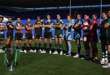 READING, ENGLAND - SEPTEMBER 29:  Players of British teams that will take part in the Heineken Cup (L-R) Harry Ellis (Leicester Tigers) Mike Blair, (Edinburgh), Will Skinner (Harlequins), Tom Willis (Newport Gwent Dragons), Ryan Jones (Ospreys), Alastair Kellock (Glasgow Warriors), Bob Casey (London Irish), Paul Tito (Cardiff Blues), Dean Schfield (Sale Sharks), Gareth Delve (Gloucester), Mark Jones, (Scarlets), Butch James (Bath) and Dylan Hartley (Northampton Saints) pose during the Heineken Cup UK Launch at the Madejski Stadium on September 29, 2009 in Reading, England.  (Photo by David Rogers/Getty Images)