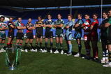 READING, ENGLAND - SEPTEMBER 29:  Players of British teams that will take part in the Heineken Cup (L-R) Harry Ellis (Leicester Tigers) Mike Blair, (Edinburgh), Will Skinner (Harlequins), Tom Willis (Newport Gwent Dragons), Ryan Jones (Ospreys), Alastair Kellock (Glasgow Warriors), Bob Casey (London Irish), Paul Tito (Cardiff Blues), Dean Schfield (Sale Sharks), Gareth Delve (Gloucester), Mark Jones, (Scarlets), Butch James (Bath) and Dylan Hartley (Northampton Saints) pose during the Heineken Cup UK Launch at the Madejski Stadium on September 29, 2009 in Reading, England.  (Photo by David Rogers/Getty Images)