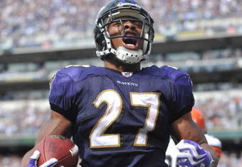BALTIMORE - SEPTEMBER 27:  Ray Rice #27 of the Baltimore Ravens celebrates his first career touchdown against the Cleveland Browns at M&T Bank Stadium on September 27, 2009 in Baltimore, Maryland. The Ravens defeated the Browns 34-3. (Photo by Larry French/Getty Images)