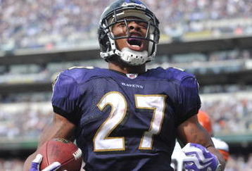 BALTIMORE - SEPTEMBER 27:  Ray Rice #27 of the Baltimore Ravens celebrates his first career touchdown against the Cleveland Browns at M&T Bank Stadium on September 27, 2009 in Baltimore, Maryland. The Ravens defeated the Browns 34-3. (Photo by Larry French/Getty Images)