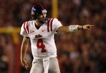 COLUMBIA, SC - SEPTEMBER 24: Quarterback Jevan Snead #4 of the Mississippi Rebels lines up as a receiver in the wildcat formation during their game against the South Carolina Gamecocks at Williams-Brice Stadium on September 24, 2009 in Columbia, South Carolina. (Photo by Streeter Lecka/Getty Images)