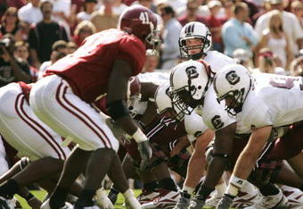 COLUMBIA, SC - SEPTEMBER 17:  Quarterback Blake Mitchell #12 of the South Carolina Gamecocks looks over the defense of the Alabama Crimson Tide before taking the snap on September 17, 2005 at Williams-Brice Stadium in Columbia, South Carolina. Alabama defeated South Carolina 37-14.  (Photo By Grant Halverson/Getty Images)