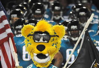 JACKSONVILLE, FL - OCTOBER 05:  Mascot Jaxson De Ville of the Jacksonville Jaguars leads the team out of the tunnel before the game against the Pittsburgh Steelers at Jacksonville Municipal Stadium on October 5, 2008 in Jacksonville, Florida.  (Photo by Sam Greenwood/Getty Images)
