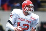 9 Oct 1993: TRENT DILFER, QUARTERBACK OF FRESNO STATE, ROLLS OUT OF THE POCKET DURING FRESNO''S 32-34 LOSS TO COLORADO STATE.
